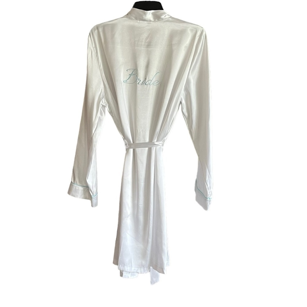 Apt 9 Womens White Satin Bridal Robe Light Blue Trim Bride Tie Belt Large - Picture 4 of 9